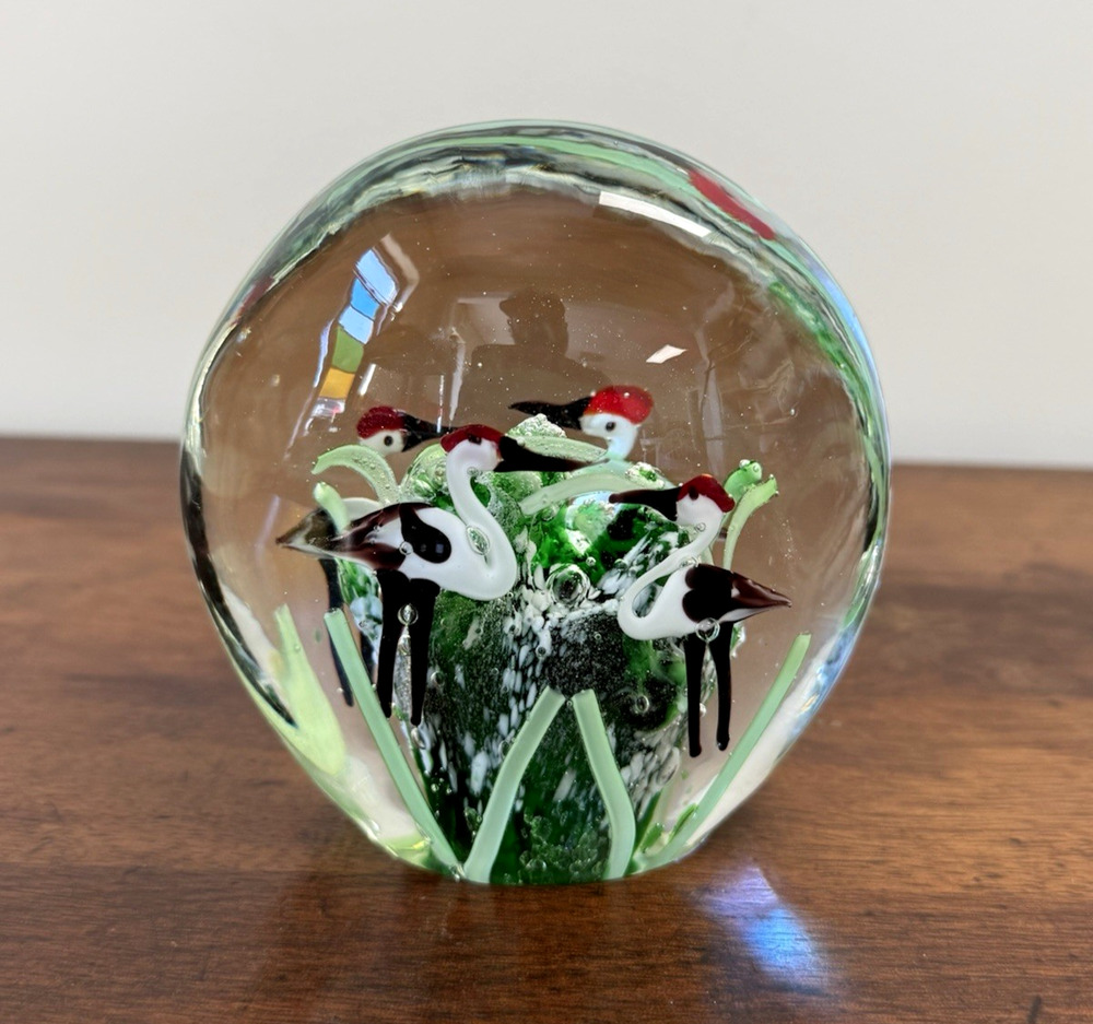 Vintage Art Glass Paperweight Crane Birds Pond Scene Hand Blown 4" Heavy